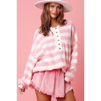 Pink Stripe Half Buttons Drop Shoulder Sweater - L