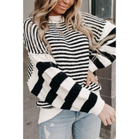 Black white Striped Drop Shoulder Bishop Sleeve Knit Sweater - XL
