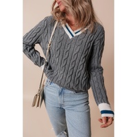 Medium Grey Color Contrast Ribbed Edge Cable Knit V Neck Sweater - 2XL
