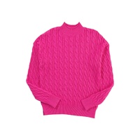 Rose Red Solid Cable Knit High Neck Drop Shoulder Sweater - M