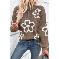 Parchment Contrast Flower Half Zipper Stand Neck Sweater - L
