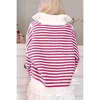 Pink Stripe Zip up Collar Drop Shoulder Sweater - L