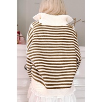 Khaki Stripe Zip up Collar Drop Shoulder Sweater - L