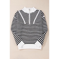 Black Stripe Zip up Collar Drop Shoulder Sweater - S