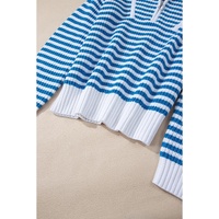 Sky Blue Stripe Zip up Collar Drop Shoulder Sweater - M