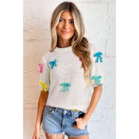 White Colorful Bow Knit Mock Neck Short Sleeve Sweater - M