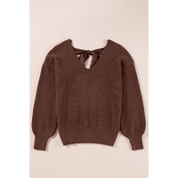 Coffee Lantern Sleeve V Neck Knot Back Sweater - L