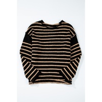 Black Stripe Drop Shoulder Round Neck Loose Sweater - S