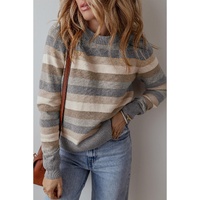 Gray Stripe Color Block Ribbed Edge Round Neck Sweater - XL