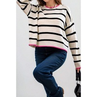 White Stripe Color Contrast Drop Shoulder Crew Neck Sweater - M
