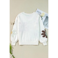 White Big Flower Pattern V Neck Drop Shoulder Sweater - M