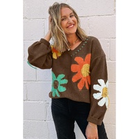 Coffee Big Flower Pattern V Neck Drop Shoulder Sweater - L