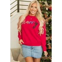 Fiery Red Tinsel Merry Letter Drop Shoulder Baggy Sweater - M