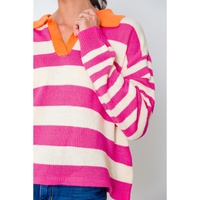 Rose Stripe Color Block Collared V Neck Drop Shoulder Sweater - M