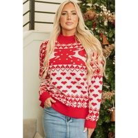 Fiery Red Merry Christmas Reindeer Heart Pattern High Neck Sweater - L