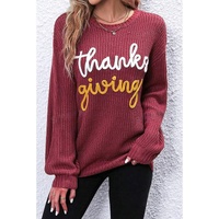 Red Sandalwood Thanks Giving Letter Graphic Crew Neck Sweater - M