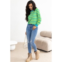 Green Stripe Crew Neck Drop Shoulder Casual Sweater - L