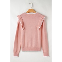 Light Pink Ruffled Bowknot Ribbed Trim Long Sleeve Sweater - L