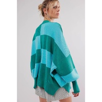 Green Checkered Side Slits Drop Shoulder Oversized Sweater - M
