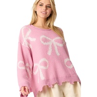 Pink Pearl Beaded Bowknot Pattern Distressed Split Hem Sweater - XL