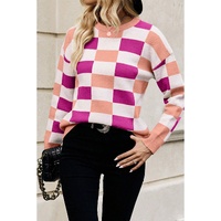 Pink Checkered Ribbed Edge O Neck Drop Shoulder Sweater - XL