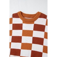 Orange Checkered Ribbed Edge O Neck Drop Shoulder Sweater - L