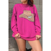 Rose Red YEEHAW Cowboy Hat Drop Shoulder Oversized Sweater - M