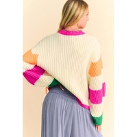 Beige Colorblock Flower Print Cable Knit Loose Sweater - L