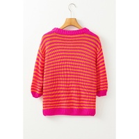 Rose Stripe 3/4 Puff Sleeve Drop Shoulder Sweater - S