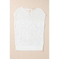 White Eyelet Knit Tied Back Short Sleeve Sweater - L