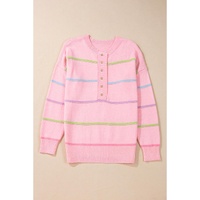 Pink Rainbow Stripes Drop Shoulder Baggy Henley Sweater - XL