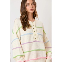 White Rainbow Stripes Drop Shoulder Baggy Henley Sweater - M