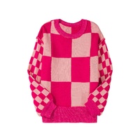 Rose Red Mixed Checkered Pattern Drop Shoulder Loose Sweater - S