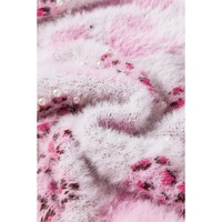 Pink Heart Leopard Print Pearled Ribbed Trim Fuzzy Sweater - L