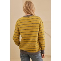 Yellow Stripe Daisy Floral Knitted Round Neck Sweater - L