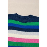Bright Green Rainbow Striped Crew Neck Drop Shoulder Sweater - M