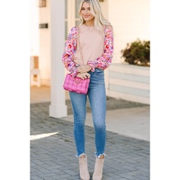 Oatmeal Floral Printed Patchwork Smocked Lantern Sleeve Knit Top - L