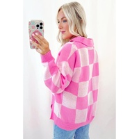 Pink Checkerboard Half Button Collared Drop Shoulder Sweater - M