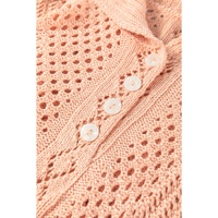 Apricot Pink Hollowed Knit 3/4 Dolman Sleeve Buttoned Collared Sweater - L