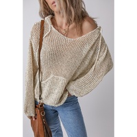 Jet Stream Hollow-out Kangaroo Pocket V Neck Hooded Sweater - L