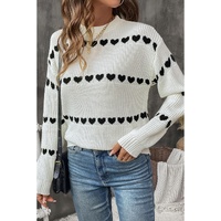 White Contrast Heart Pattern Crew Neck Sweater - S