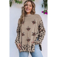 Khaki Sequin Turkey Leopard Mixed Pattern High Neck Sweater with Slits - M