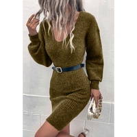 Green V Neck Bodycon Sweater Dress - L