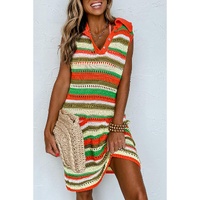 Yellow Stripe Eyelet Sleeveless Buttoned Split Neck Sweater Dress - L