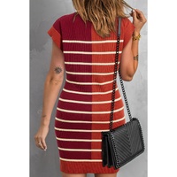 Brown Stripe Color Block Quarter Zip Collar Short Sleeve Sweater Dress - 2XL