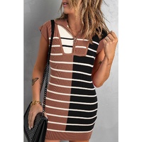 Black Stripe Color Block Quarter Zip Collar Short Sleeve Sweater Dress - L