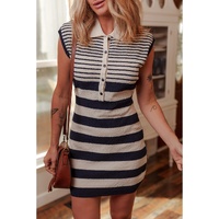 Black Mixed Striped Print Half Placket Collared Cap Sleeve Bodycon Sweater Dress - S