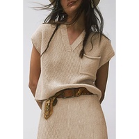 Apricot Chest Pocket V Neck Ribbed Cap Sleeve Sweater - M