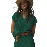 Blackish Green Chest Pocket V Neck Ribbed Cap Sleeve Sweater - L