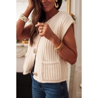 White Solid Textured Knit Side Pockets Buttoned Sweater Vest - S